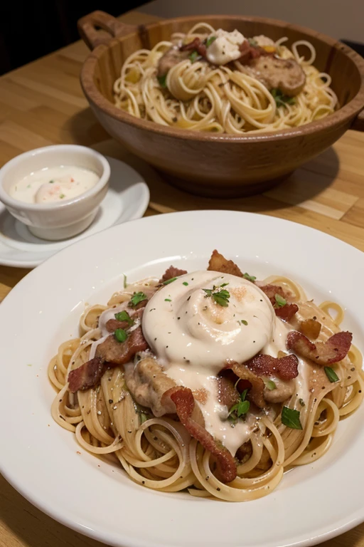 A very tasty plate of pasta with white sauce, bacon, and spices.