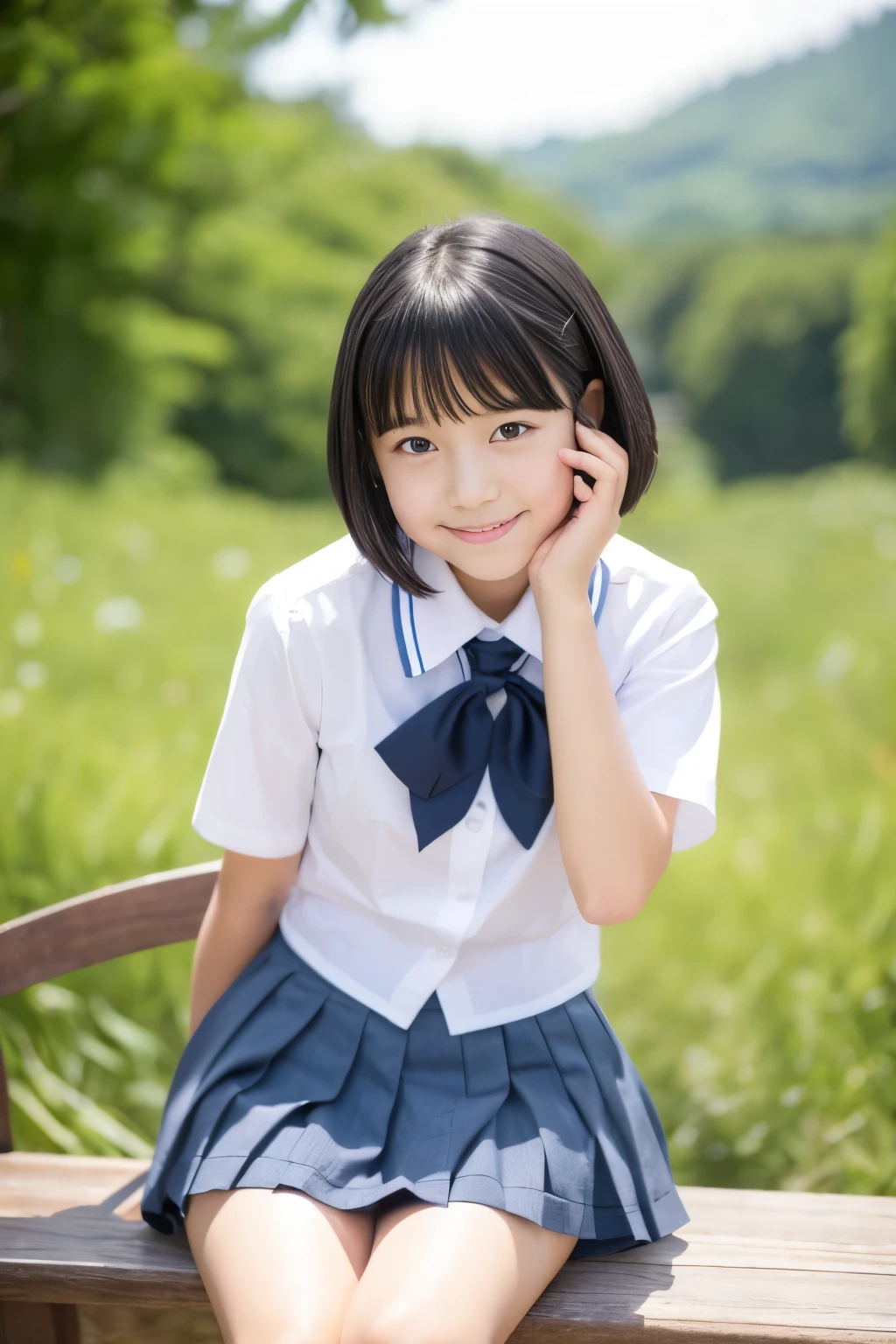 (((masterpiece))),  (Beautiful Japanese Girl, Classmate, Landscape and innocence，cute) ，Ultra-high resolution, Realistic, Ultra-detailed, 8K,Highest quality, Very detailed, Detailed Background,Slender,とてもBeautiful Japanese Girl, Detailed face:1.3), Full-body display，(Short Hair，Black Hair :1.4), (Baby Face，cute系,Adorable 12 year old girl), (Perfect body:1.1),  (school uniform，mini skirt、Sweating、Small white panties), The best smile,非常にDetailed face、Beautiful thighs，Detailed lips、Detailed eyes、 gravure idol，Clear Skin，Sitting on a bench，Girl&#39;s Room