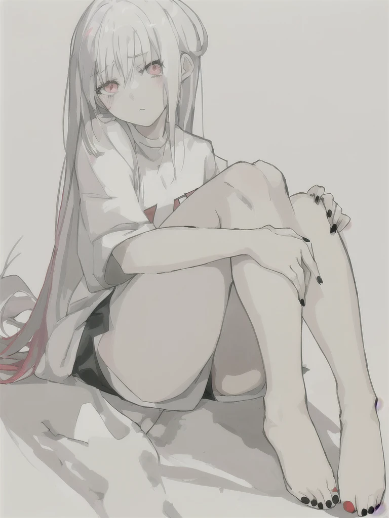 Anime Girl sitting on the ground with her legs crossed, beautiful Anime Girl squatting, Zero Two, seductive Anime Girl, the Anime Girl is crouching, (Anime Girl), Wearing white clothes, Shiro in Death Row Paradise, Anime Girl, Perfect white-haired girl, an Anime Girl, by Shitao, whole body!!, female anime character, Zerochan art ,Black nail polish