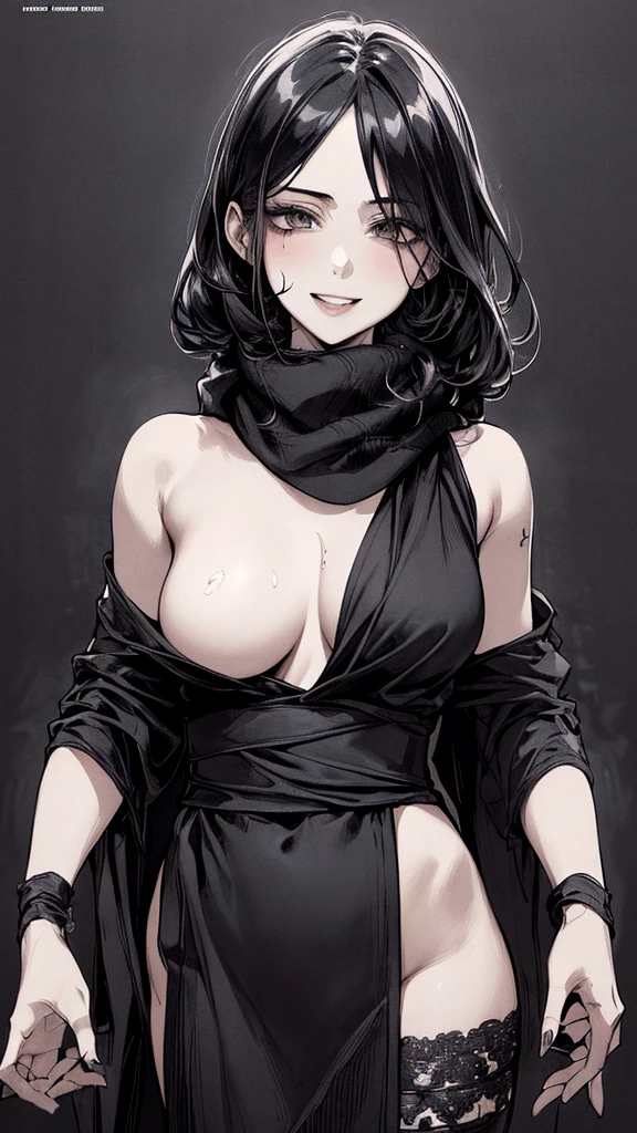 Highest quality, (Background details), High Contrast, Very beautiful woman, Detailed original illustrations, functional, Delicate face, Black Hair、Ninja, Ninja costume, scarf, Cover your face with a hand towel, charm, Naughty kid, sexy, Real breasts, Crazy Smile, Crazy Eyes, Black Robe, Black background, (Black background: 1. 5), Beautiful line art, Monochrome