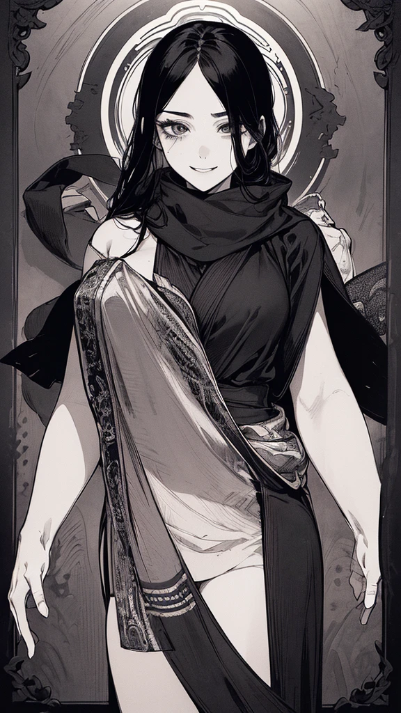 Highest quality, (Background details), High Contrast, Very beautiful woman, Detailed original illustrations, functional, Delicate face, Black Hair、Ninja, Ninja costume, scarf, Cover your face with a hand towel, charm, Naughty kid, sexy, Real breasts, Crazy Smile, Crazy Eyes, Black Robe, Black background, (Black background: 1. 5), Beautiful line art, Monochrome