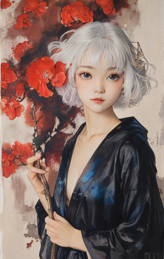 On a bright red campus"YES"Character、((Create), (top quality, masterpiece, outstanding work of art), (one young girl - 18 years old, nude, full growth, white hair, white skin, scarlet lips-smile; black, expressive playful eyes, long eyelashes), (black translucent - chiffon dress, gold line, very short peignoir dress), (very sexy body, seductive body, small beautiful breasts, genitals), (calm relaxed pose, hair fluttering in the wind, half turn, look at the viewer, stylish girl model)). ((Quality oil painting, outstanding craftsmanship, oil painting done by the hand of a master), (daylight, soft warm shadows, contrasting cold light, reflexes, refraction, tracing)). ((background - stunning blooming irises; (purple, yellow, blue, white), (petals, shoots)).((Highest quality workmanship, realism, oil painting, modern brushwork, master's hand, clear correct anatomy, grace, simplicity performance), (HD quality, clear focus)).