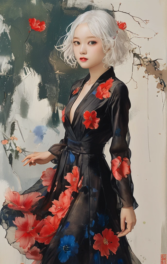 On a bright red campus"YES"Character、((Create), (top quality, masterpiece, outstanding work of art), (one young girl - 18 years old, nude, full growth, white hair, white skin, scarlet lips-smile; black, expressive playful eyes, long eyelashes), (black translucent - chiffon dress, gold line, very short peignoir dress), (very sexy body, seductive body, small beautiful breasts, genitals), (calm relaxed pose, hair fluttering in the wind, half turn, look at the viewer, stylish girl model)). ((Quality oil painting, outstanding craftsmanship, oil painting done by the hand of a master), (daylight, soft warm shadows, contrasting cold light, reflexes, refraction, tracing)). ((background - stunning blooming irises; (purple, yellow, blue, white), (petals, shoots)).((Highest quality workmanship, realism, oil painting, modern brushwork, master's hand, clear correct anatomy, grace, simplicity performance), (HD quality, clear focus)).