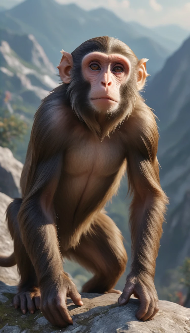 There is a wild beast on the mountain,Looks like a monkey but has four ears(best quality,4K,8K,High level,masterpiece:1.2),Ultra Detailed,(lifelike,Photo real,Photo real:1.37),Highly detailed animals,Realistic lighting,Fantasy Creatures