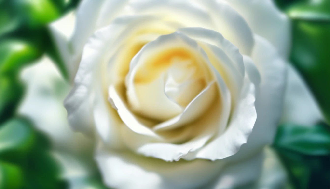 Close-up of vivid white rose centered in the frame, focus on surrounding lush green foliage, defocused background creating a bokeh effect, nature's palette in full display, natural light, ultra fine details, digital painting