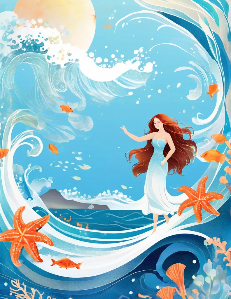 Digital illustration art, a beautiful girl dancing in the waves, extra long hair decorated with blue waves, coral, starfish, jellyfish, small fish and other funny illustrations, (full body), her hair consists of many waves and small fish, starfish, etc., the background is the sea and the blue moon, small crabs, (the background is blended with the 's hair), opens up to the musical charm of the fascinating ocean, white background, Chinese calligraphy's, glittering, reflective, optimal digital, 8K, high-definition, high-resolution, double-exposure, beautifully illustrated with digital