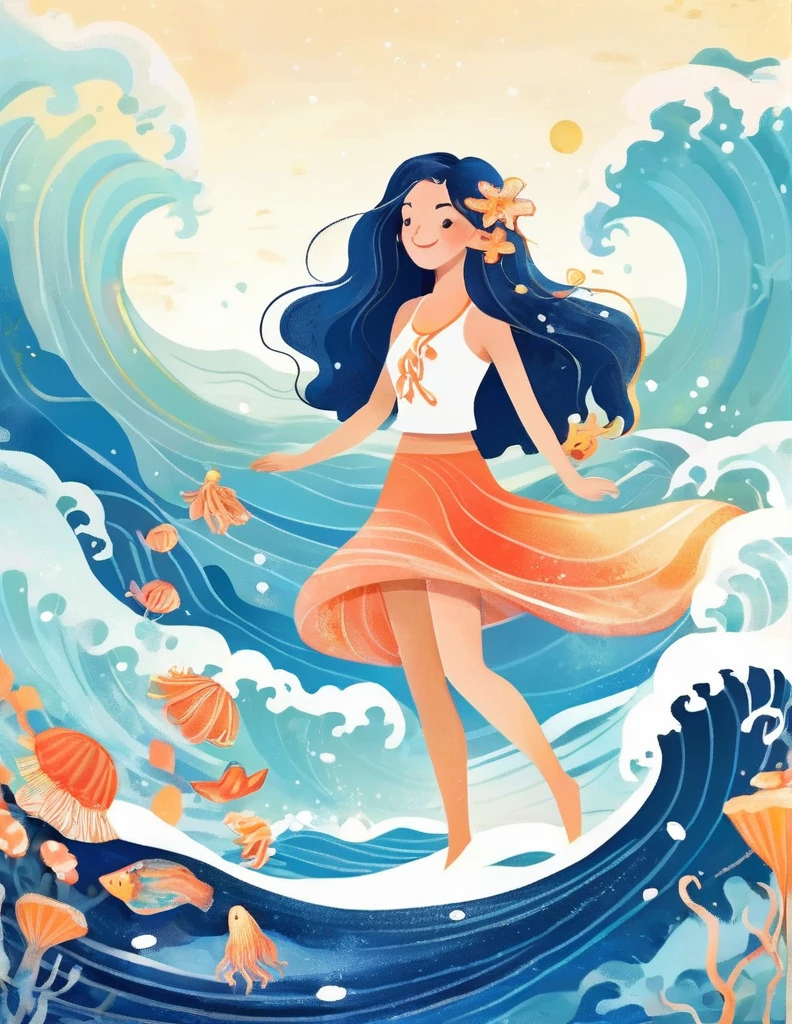 Digital illustration art, a beautiful girl dancing in the waves, extra long hair decorated with blue waves, coral, starfish, jellyfish, small fish and other funny illustrations, (full body), her hair consists of many waves and small fish, starfish, etc., the background is the sea and the blue moon, small crabs, (the background is blended with the 's hair), opens up to the musical charm of the fascinating ocean, white background, Chinese calligraphy's, glittering, reflective, optimal digital, 8K, high-definition, high-resolution, double-exposure, beautifully illustrated with digital