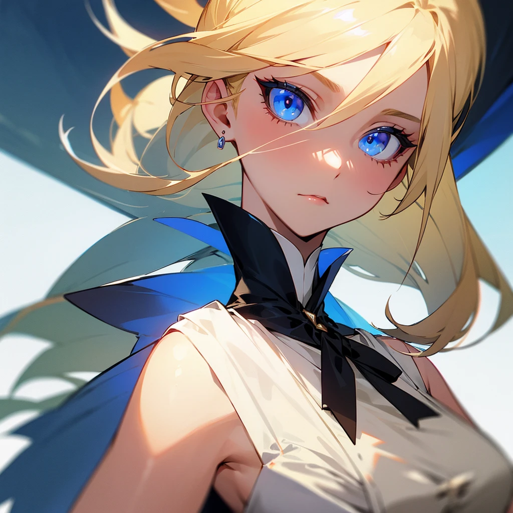 blonde woman,blue eyes,Sharp eyes,beautiful)High class dress(Be neat.)