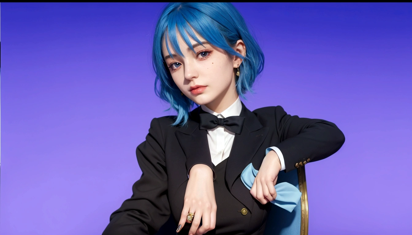 realistic european girl with blue hair in elegant suit and a mole under the right eye
