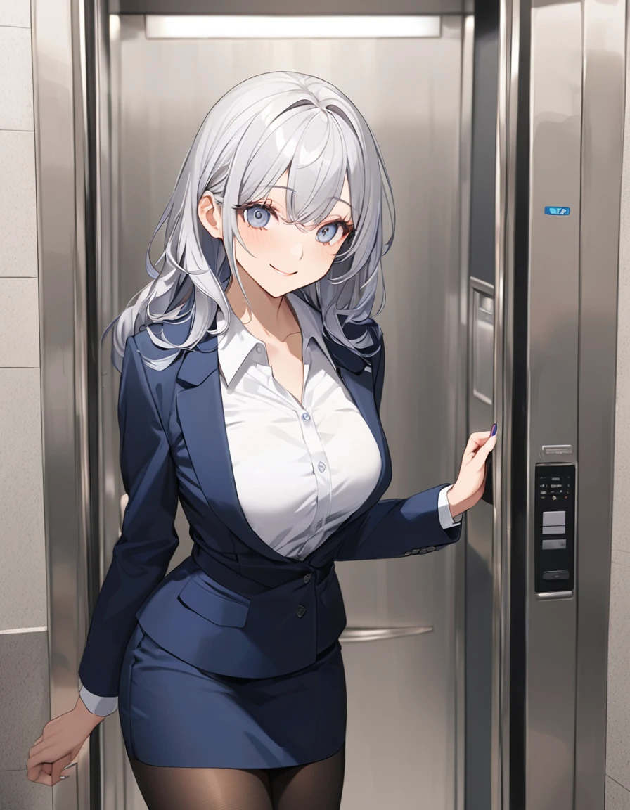 8K, Highest quality, masterpiece, Wallpapers by Unity 8K, office、(One Girl) , 、 Perfect detail, (Best lighting) , (Very intricate detail)、Big eyes、masterpieceサイドライト、(((Silver Hair))),(Her hair color is a blue-gray gradient), Semi-long hair, Very detailed, ,Larger breasts、office lady, {Navy blue business suit、white business shirt, Navy blue pencil skirt、 pantyhose}, office、Inside the elevator、profile、smile