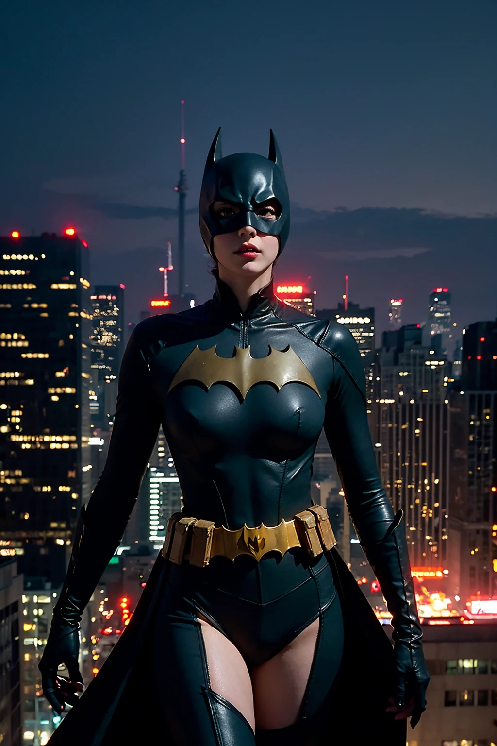((masterpiece, Highest quality, High resolution, Realistic, to be born, 8k wallpaper)),Standing in a bikini,Maika Monroe Batgirl, (Standing in Honor shot),Facing the camera in a menacing pose, Very hot and sexy, Great beauty, Perfect balance, Beautiful body, Slim body beauty: 1.4), Batman standing on a rooftop overlooking the city skyline at night, Gotham city background, nighttime in Gotham city, Gotham city, From the movie Batman, Gotham city double exposure, Gotham city style, Batman film still, metropolis filmic Gotham city, Cyberpunk Batman, Batman movie stills, Batman movie still cinematic, Gotham setting, Batman, Gotham,