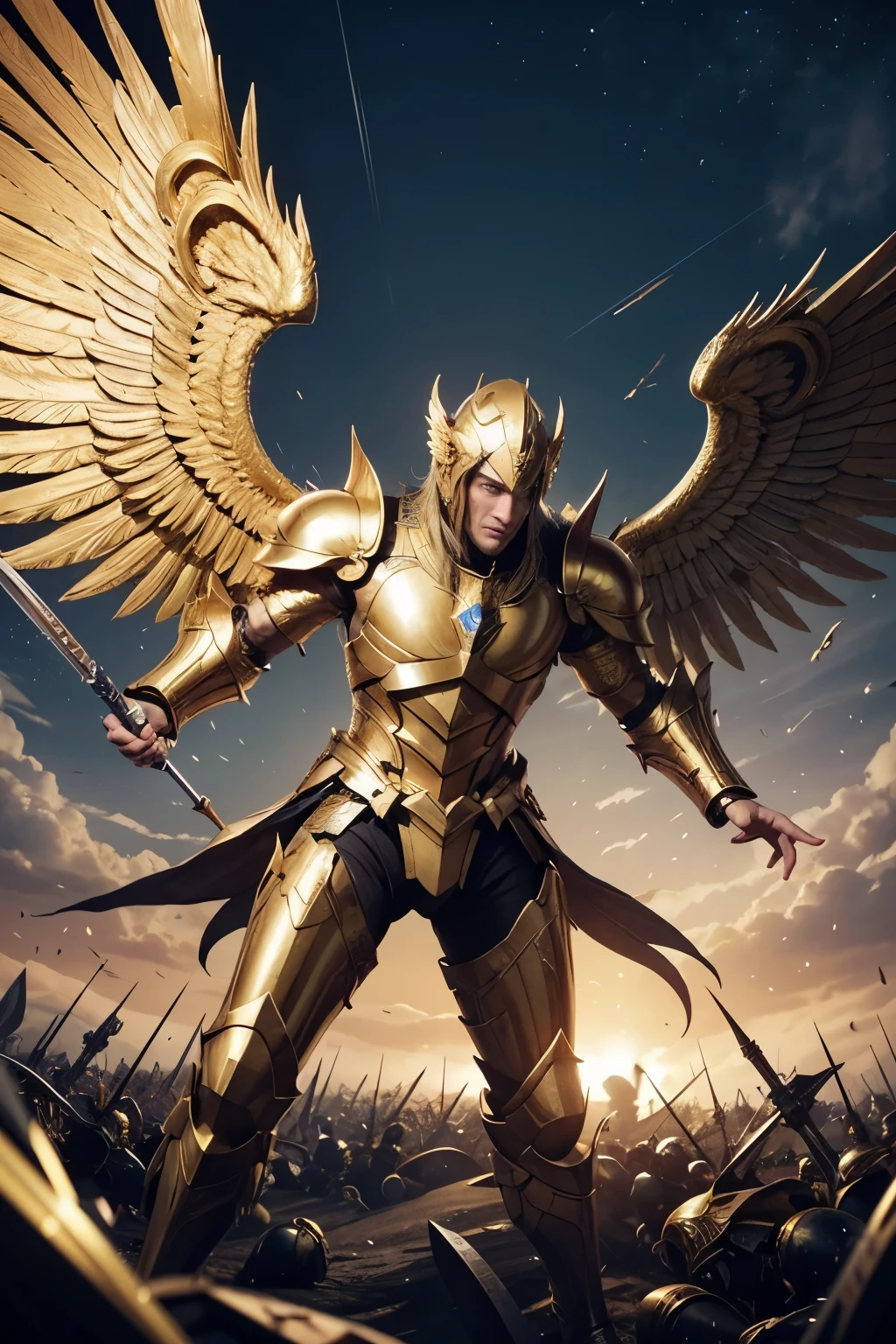 create an epic image of a man with wings and golden armor IN A BATTLE WITH OTHER MEN, BE CREATIVE IN IMAGE