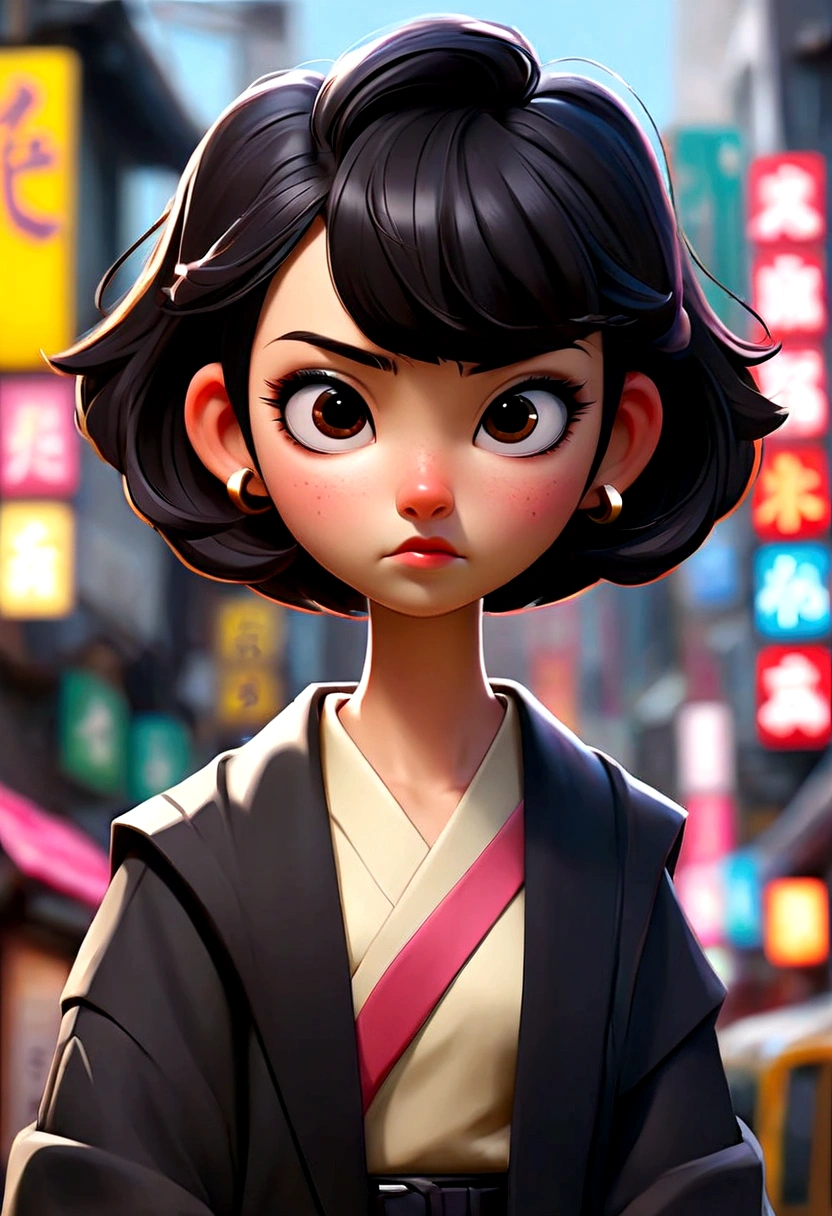A japanese girl with short black hair with bang,posing in busy street,'s illustration。
