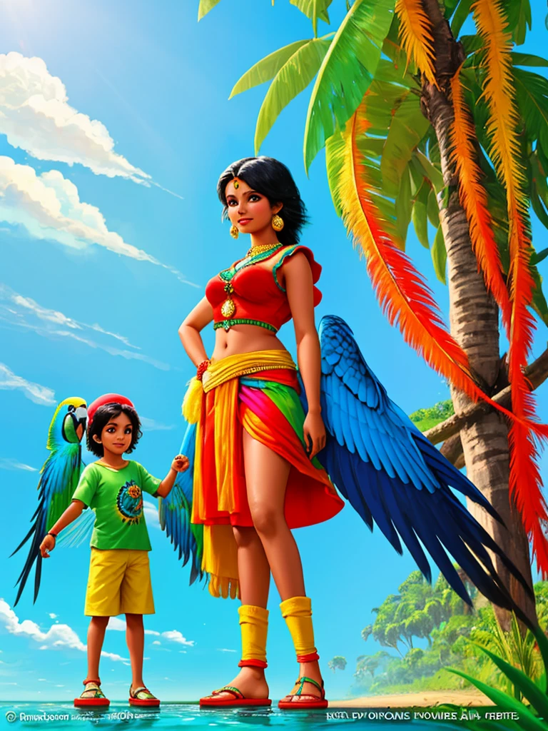 Create 3d image, Pixar cover style of a Brazilian Indian woman who is 5 years old, likes macaws, parrots, toucans, little birds, Standing on the riverbank playing