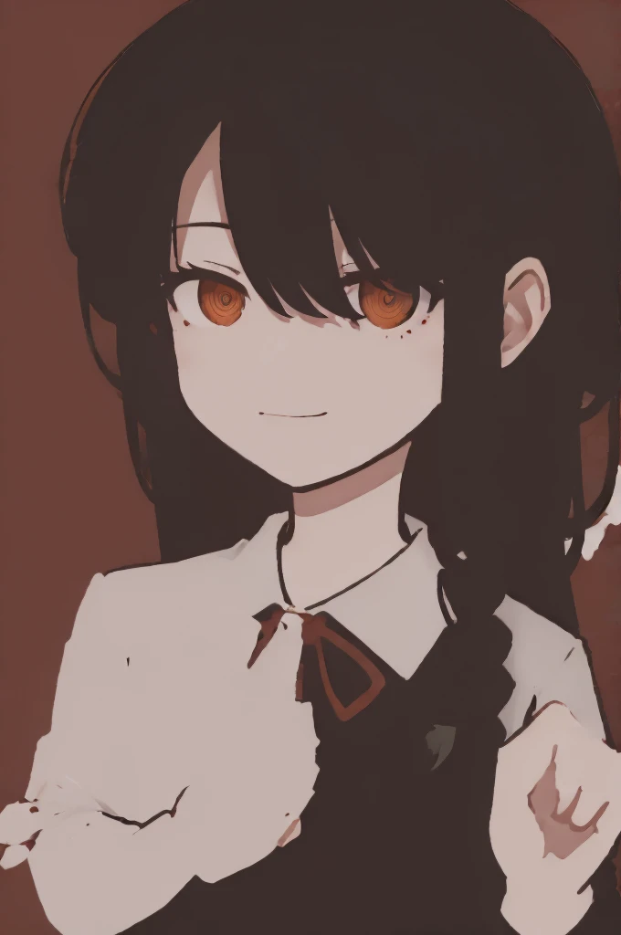 1 girl, solo, Nayuta (chainsaw man), black hair, x hair ornament, long hair, hair ornament, orange eyes, looking at viewer, long sleeves, dress, uniform, smile, ribbon hair, closed mouth, shirt black, hair between eyes, traditional media, (giving half a finger)