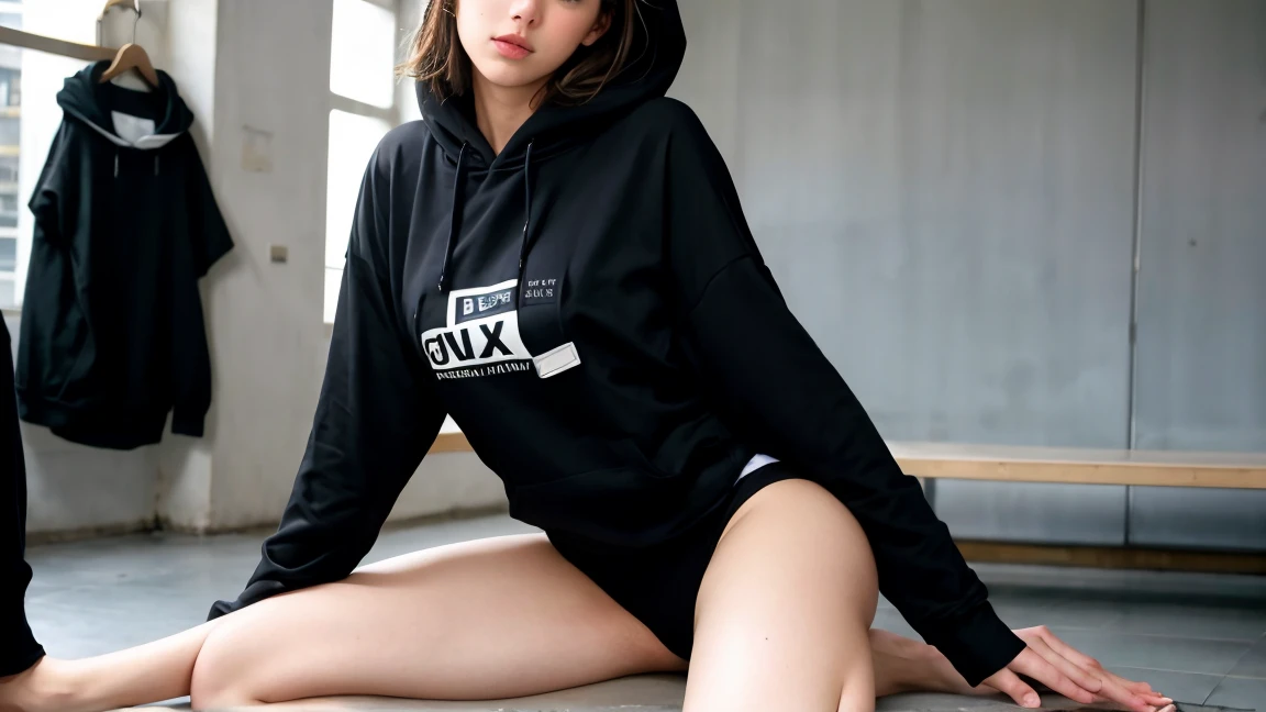une femme de 18 ans sexy et mince , black short sleeve hoodie , salle de classe, se touche,position sey,sensuel