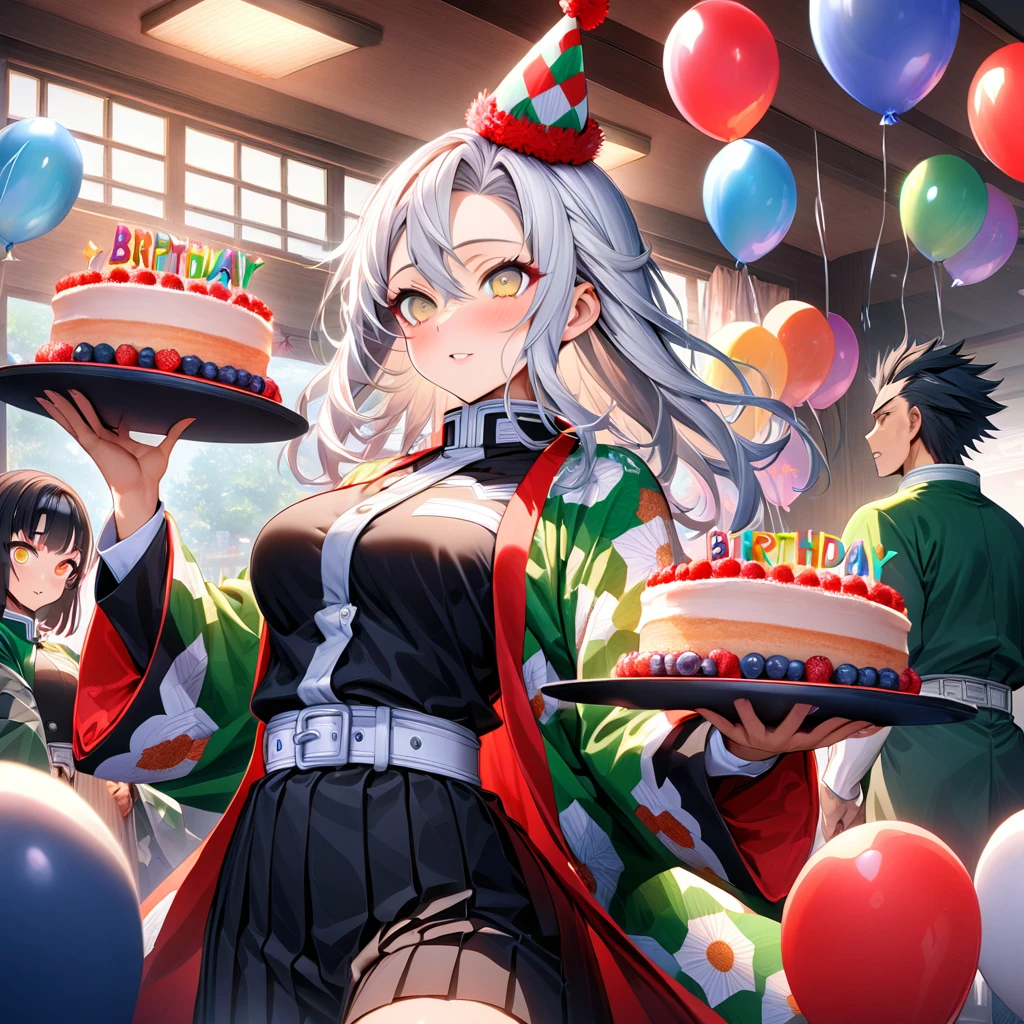 Ultra detailed, high resolution, absurd, HDR, masterpiece, anime man and woman, beautiful woman (with long white hair with deep red highlights, woman (with yellow eyes), haori, wearing anime uniform demon slayer corps, Kimetsu No Yaiba, the woman is holding a birthday cake, everyone is wearing a birthday hat, balloons on the ceiling, sweets, handsome Tomioka Giyu, Hashira, Sanemi Shinazugawa, Uzui Tengen, party, birthday hats, Japanese house, best quality, extremely detailed face, anime, it’s the birthday of the white hair woman