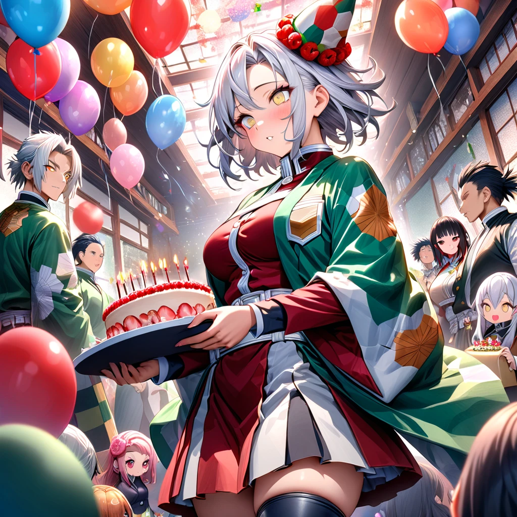 Ultra detailed, high resolution, absurd, HDR, masterpiece, anime man and woman, beautiful woman (with long white hair with deep red highlights, woman (with yellow eyes), haori, wearing anime uniform demon slayer corps, Kimetsu No Yaiba, the woman is holding a birthday cake, everyone is wearing a birthday hat, balloons on the ceiling, sweets, handsome Tomioka Giyu, Hashira, Sanemi Shinazugawa, Uzui Tengen, party, birthday hats, Japanese house, best quality, extremely detailed face, anime, it’s the birthday of the white hair woman