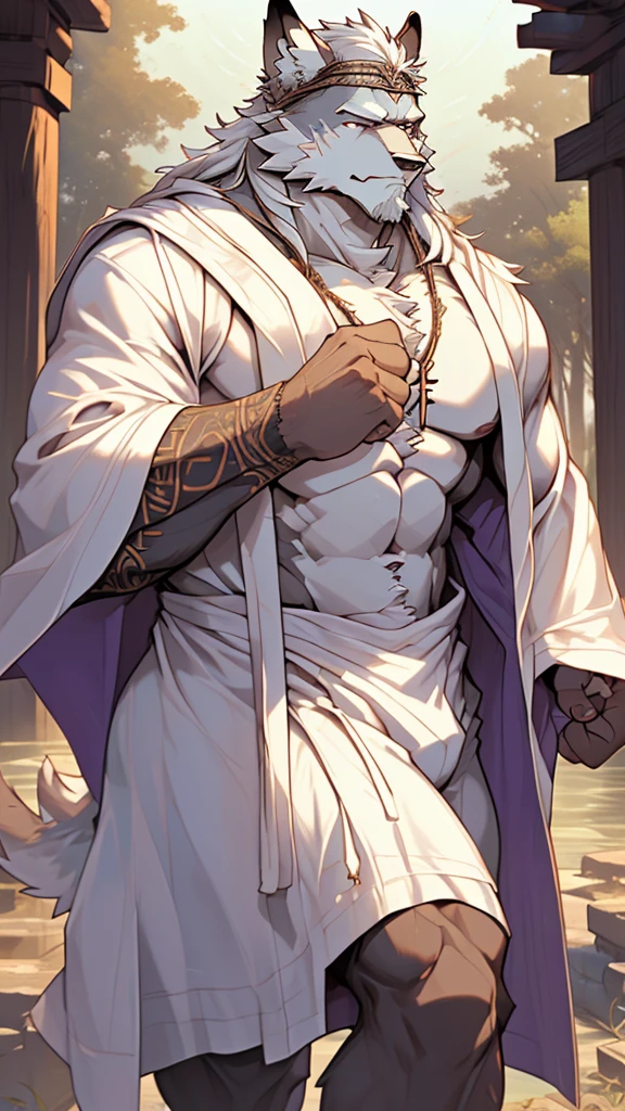 (masterpiece),(highres),(intricate details:1.4),extremely detailed,(illustration:1.2),8k,photorealistic,exquisite,,aged,elder male wolf ,muscular,(bishop :1.7),(Ancient Greek mythological style;1.8),(loose white robe:1.6),manhood,safeguard,(white hair:1.3),long hair,long white beard,scar,(badly damaged),(sacrifice),hurt,broken body ,(bulging crotch:1.8),(homosexual),(naked upper body:1.7),(a serene face:1.9)