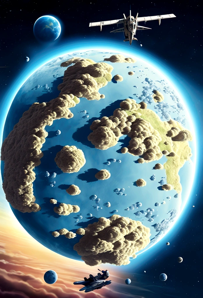 A man flies through the sky,Surrounded by a planet,A variety of goods surround it。The man holds the map,'s illustration。