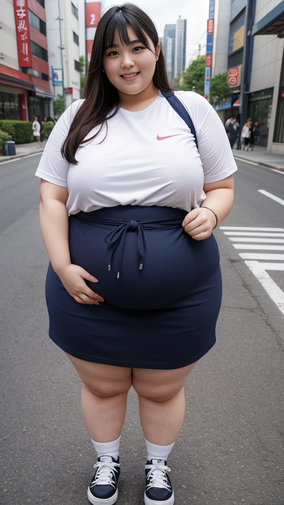 realistic depiction、super obeseのjapanese woman、super obese、Weight 300kg、very fat woman、japanese woman、laughter、Tight Skirt、outdoor、a bit、little woman、His height is only 145cm、short legs、go pro Japanese ssbbw, non nude, full shot, very beautiful face, super obese, full body, sweat parker, sneaker,, super obese japanese, gigantic 、super big belly