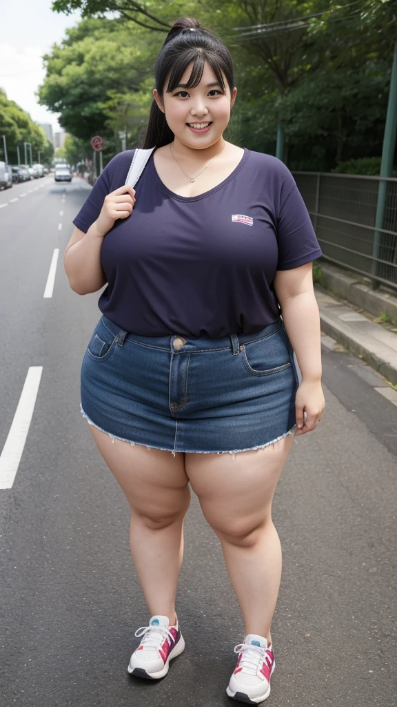 realistic depiction、super obeseのjapanese woman、super obese、Weight 300kg、very fat woman、japanese woman、laughter、Tight Skirt、outdoor、a bit、little woman、His height is only 145cm、short legs、go pro Japanese ssbbw, non nude, full shot, very beautiful face, super obese, full body, sweat parker, sneaker,, super obese japanese, gigantic 、super big belly