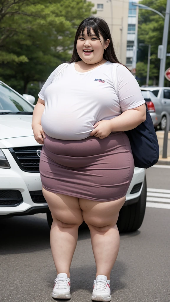 realistic depiction、super obeseのjapanese woman、super obese、Weight 300kg、very fat woman、japanese woman、laughter、Tight Skirt、outdoor、a bit、little woman、His height is only 145cm、short legs、go pro Japanese ssbbw, non nude, full shot, very beautiful face, super obese, full body, sweat parker, sneaker,, super obese japanese, gigantic 、super big belly