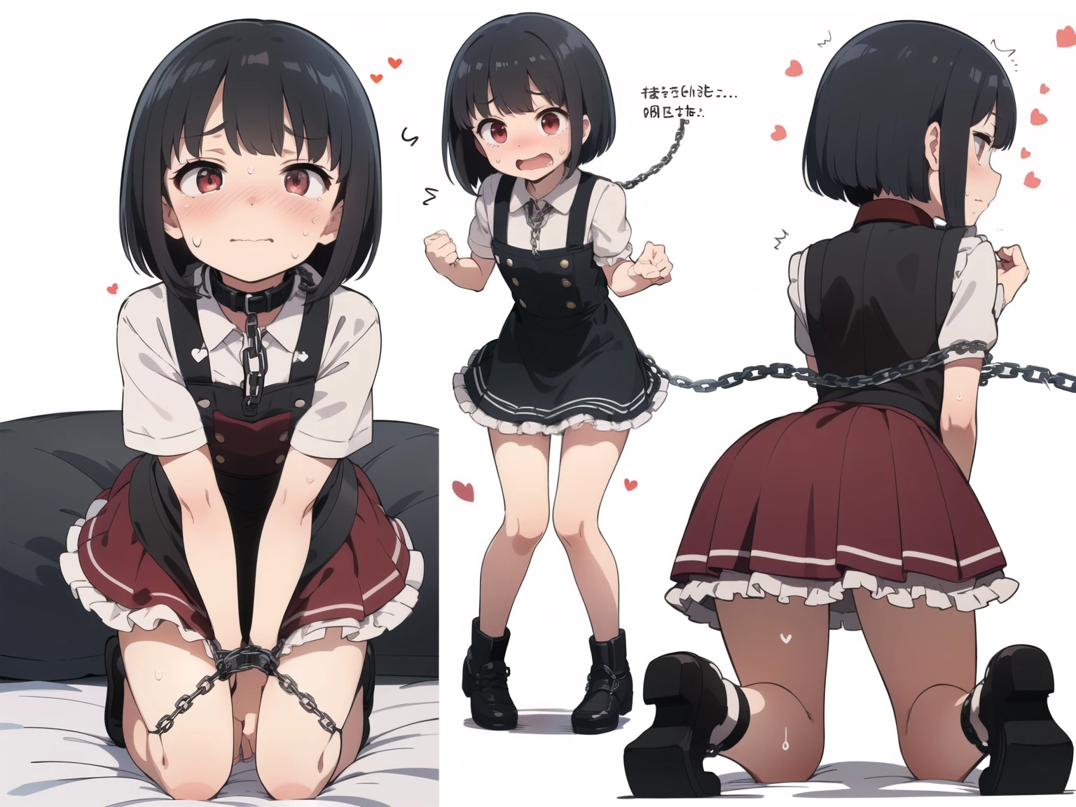 master,piece,best quality,Full body portrait from head to toe,Small and cute 、10 years old、Black Hair、Bob Hair、smile、((((Black frilly pinafore skirt))))、Bedroom、On the bed、Slender body、Thin legs、Small breasts、Flat Chest、((((Embarrassed、Embarrassed、Red face、Eyes are hearts、orgasm、Sigh、Sweat))))、On all fours、Shooting from the side 、((((A taut chain extending from the back of a leather collar、It is being looked up))))
