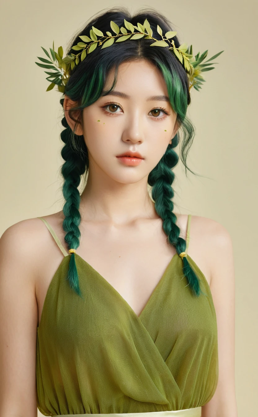 Realistic,Japanese young idol one girl portrait,Upper Body,Dark green hair,indoor,View your viewers,Simple Background,Part your lips,olive leaf tiara,Yellow-green Greek-style dress,Popular Korean makeup,photoRealistic,A sheer yellow-green veil is draped over her shoulders.,Wavy Hair