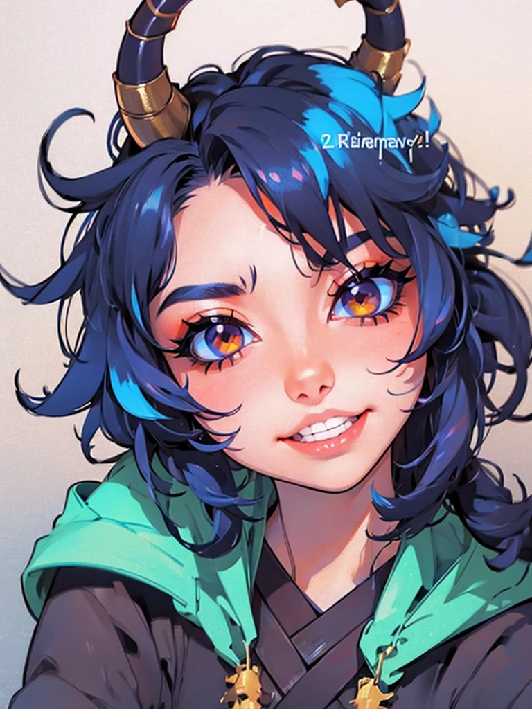 a girl with horns and a hoodie is staring at the camera, evil. vibrant colors. cute, demon anime girl, anime aesthetic, anime vibes, eerie art style, demon girl, digital art on pixiv, girl design lush horns, hyper colorful, guweiz on artstation pixiv, dreamy colorful cyberpunk colors, guweiz on pixiv artstation