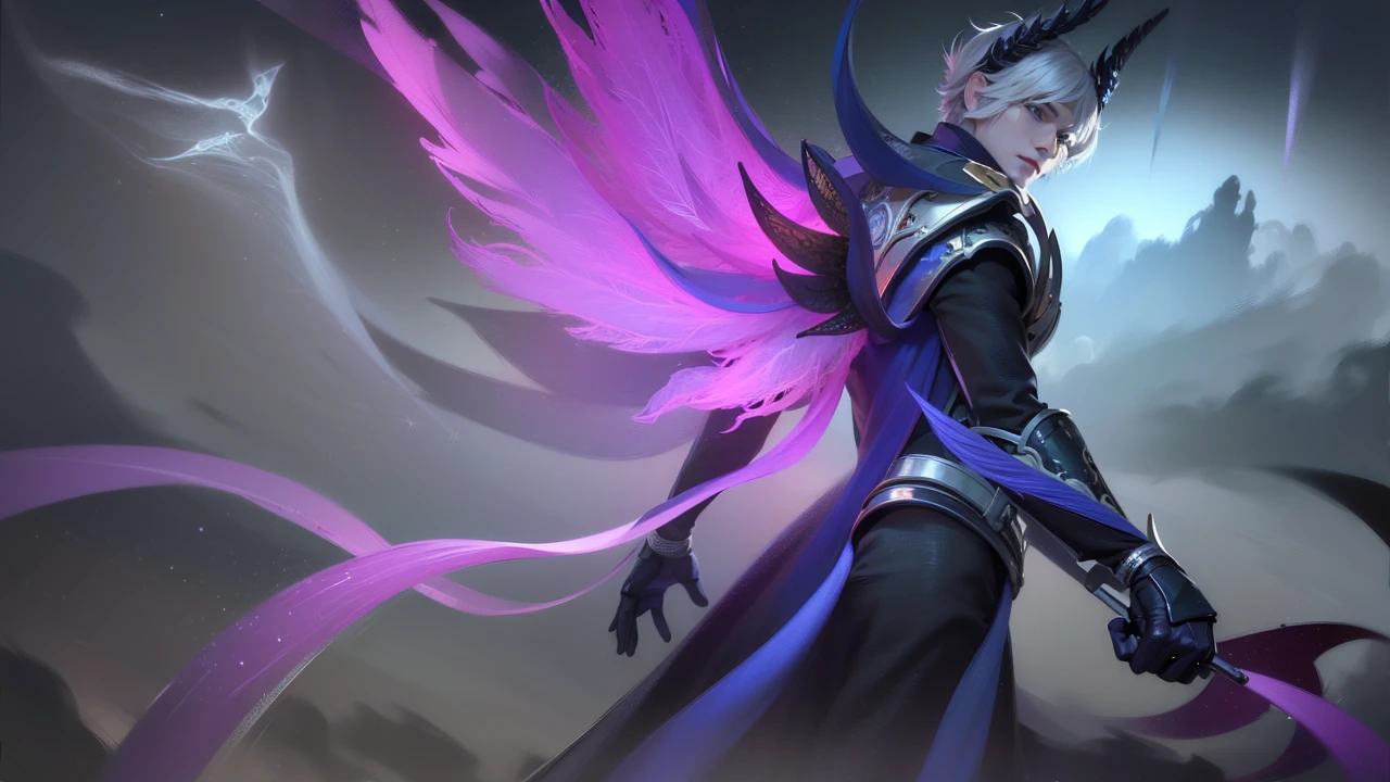 masculine male, masterpiece, ((perfect eyes)) best quality, (semirealism:1.9), beautiful lighting, (extremely detailed CG unity 4k fhd wallpaper), High Detail, Sharp focus, dramatic outdoors, 1 boy ,19 years old, white hair, light purpel eyes, smile.