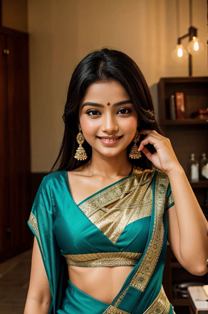 20 years girl in saree smile on face put hand on ovum