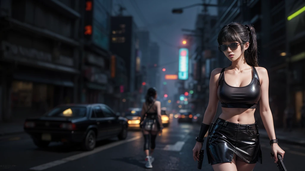 8k, Realistic Skin Texture, Realistic Photo, Neo Tokyo, slim Japanese women, large-breast:1.3 cleavage:1.2, AD2050 at night, Dirty hunting jacket, Wearing tube top, miniskirt, (((black sunglasses, automatic rifle, sneakers, cold, shooting pose, low angle view))), Innovative composition, revenge, cyberpunk, blade runner worldview, Large neon sign, Geisha hologram sign, Strong Wakamoto Sign.