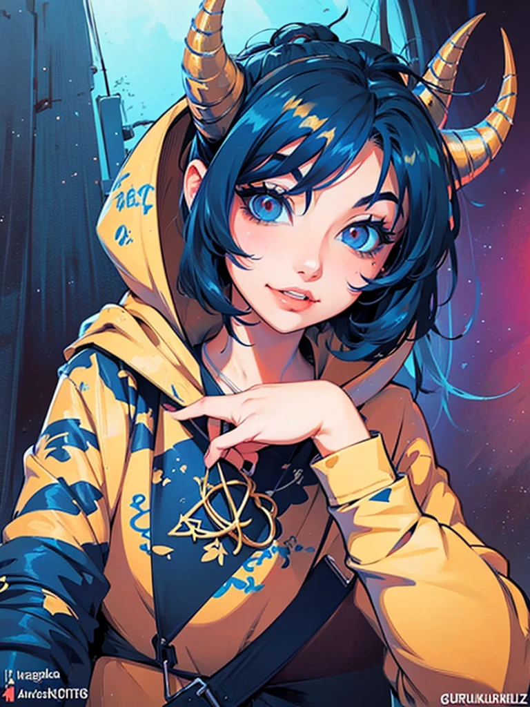 a girl with horns and a hoodie is staring at the camera, evil. vibrant colors. cute, demon anime girl, anime aesthetic, anime vibes, eerie art style, demon girl, digital art on pixiv, girl design lush horns, hyper colorful, guweiz on artstation pixiv, dreamy colorful cyberpunk colors, guweiz on pixiv artstation