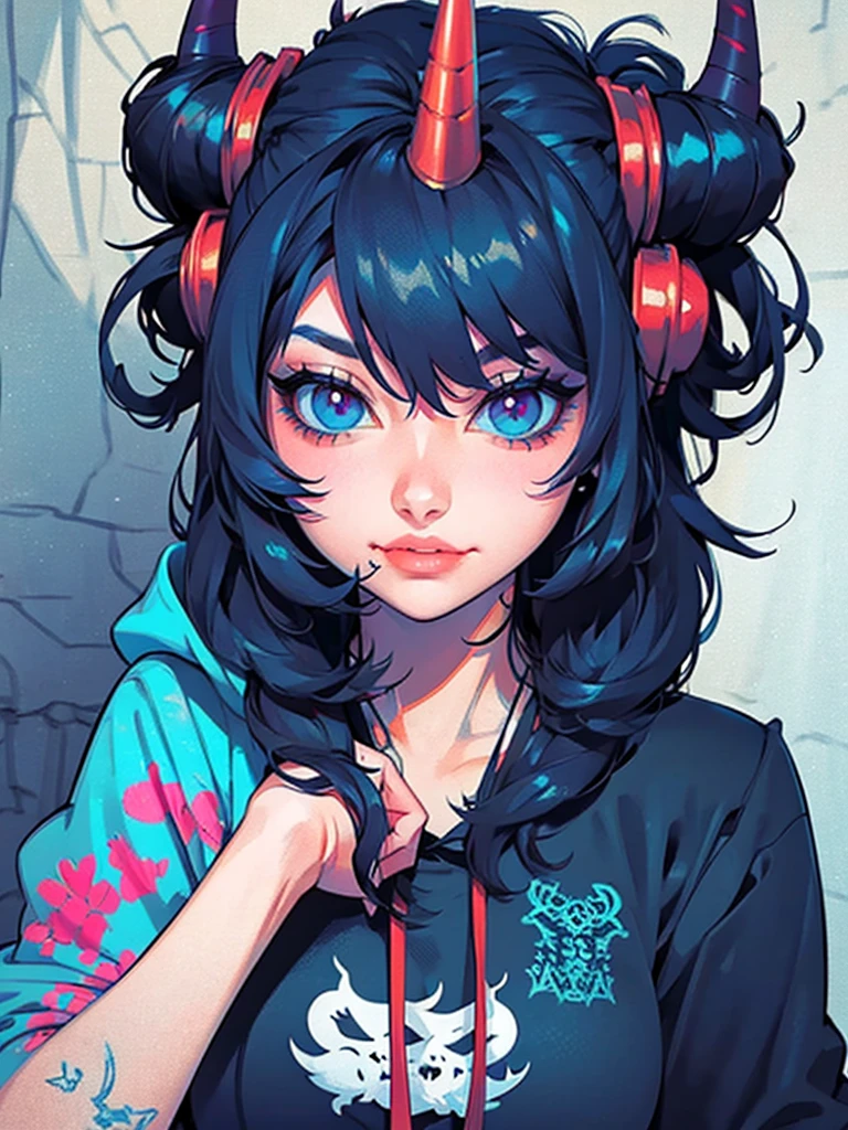 a girl with horns and a hoodie is staring at the camera, evil. vibrant colors. cute, demon anime girl, anime aesthetic, anime vibes, eerie art style, demon girl, digital art on pixiv, girl design lush horns, hyper colorful, guweiz on artstation pixiv, dreamy colorful cyberpunk colors, guweiz on pixiv artstation