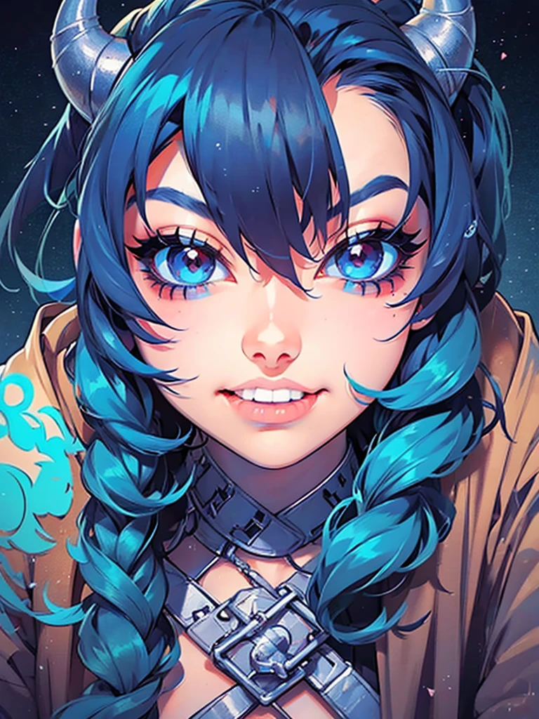 a girl with horns and a hoodie is staring at the camera, evil. vibrant colors. cute, demon anime girl, anime aesthetic, anime vibes, eerie art style, demon girl, digital art on pixiv, girl design lush horns, hyper colorful, guweiz on artstation pixiv, dreamy colorful cyberpunk colors, guweiz on pixiv artstation