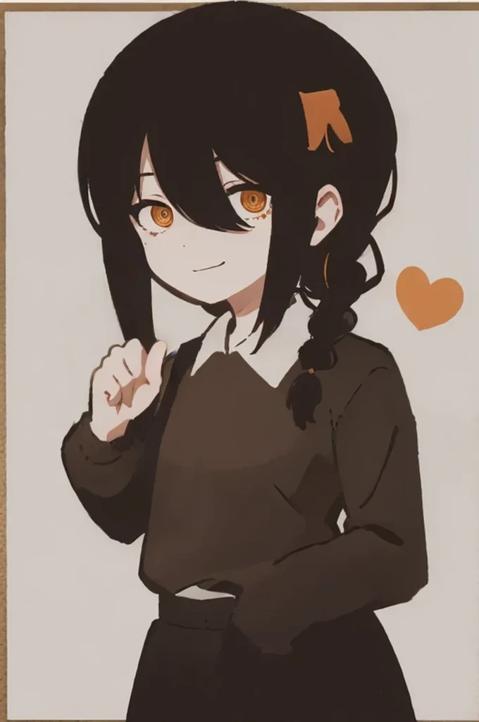 1 girl, solo, Nayuta (chainsaw man), black hair, x hair ornament, long hair, hair ornament, orange eyes, looking at viewer, long sleeves, dress, uniform, smile, ribbon hair, closed mouth, shirt black, hair between eyes, traditional media, (giving half a finger)