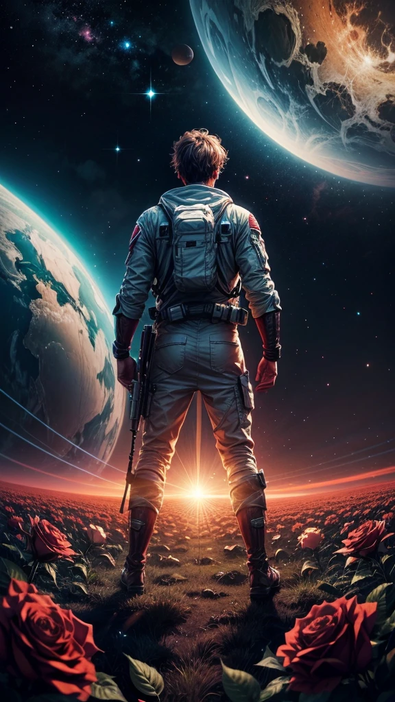 (masterpiece, best quality), cinematic composition, long shoot, fantasy anime, astronaut male guy seen from back, watching planet earth far in the space, red roses field, highly detailed, vibrant colors, dramatic lighting, cinematic atmosphere, depth of field