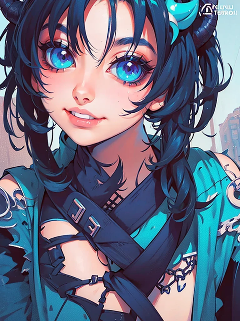 a girl with horns and a hoodie is staring at the camera, evil. vibrant colors. cute, demon anime girl, anime aesthetic, anime vibes, eerie art style, demon girl, digital art on pixiv, girl design lush horns, hyper colorful, guweiz on artstation pixiv, dreamy colorful cyberpunk colors, guweiz on pixiv artstation