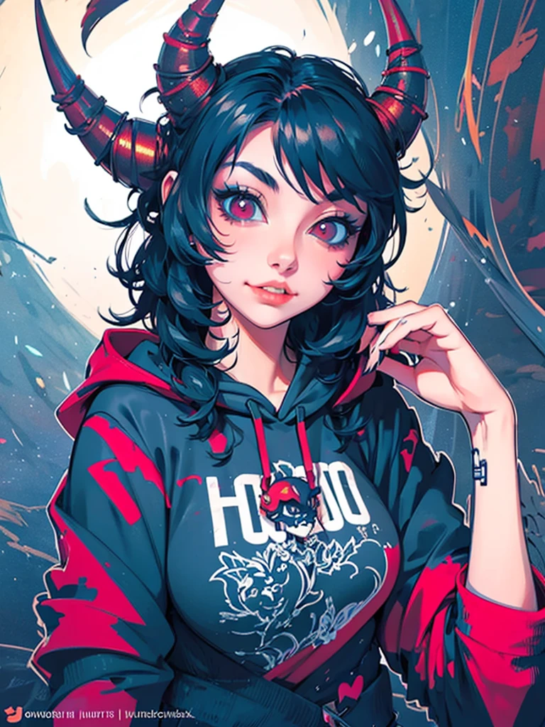 a girl with horns and a hoodie is staring at the camera, evil. vibrant colors. cute, demon anime girl, anime aesthetic, anime vibes, eerie art style, demon girl, digital art on pixiv, girl design lush horns, hyper colorful, guweiz on artstation pixiv, dreamy colorful cyberpunk colors, guweiz on pixiv artstation