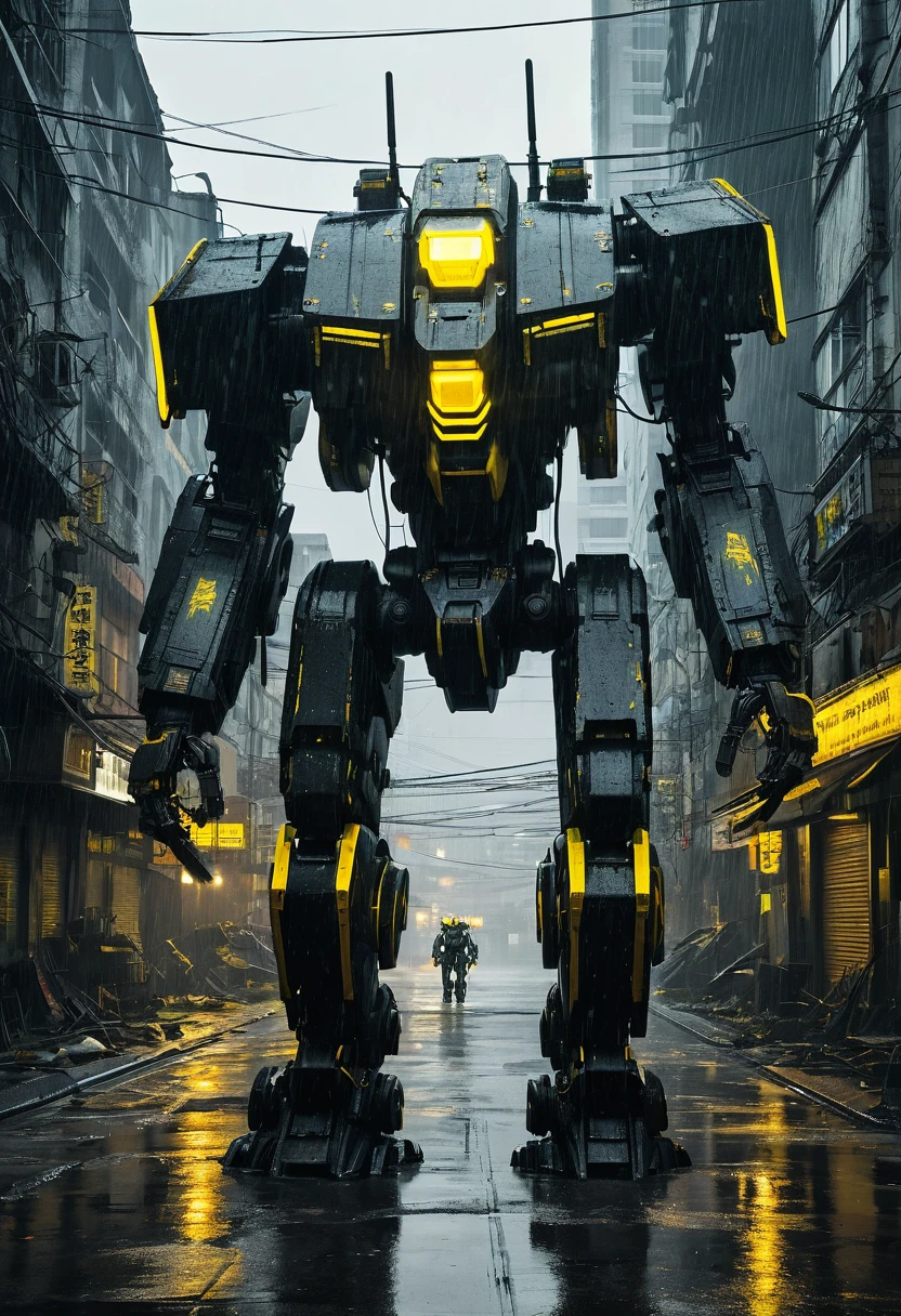 A colossal bipedal mech, covered in matte black armor plating with glowing yellow vents, striding through a ruined urban landscape amidst pouring rain, dystopian and cyberpunk aesthetic