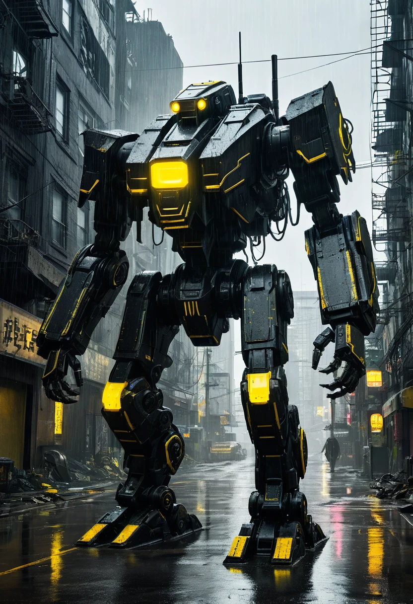 A colossal bipedal mech, covered in matte black armor plating with glowing yellow vents, striding through a ruined urban landscape amidst pouring rain, dystopian and cyberpunk aesthetic