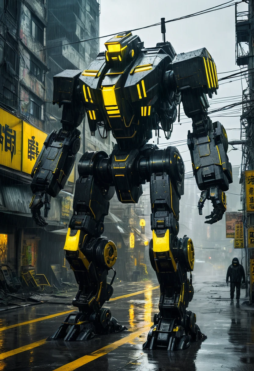 A colossal bipedal mech, covered in matte black armor plating with glowing yellow vents, striding through a ruined urban landscape amidst pouring rain, dystopian and cyberpunk aesthetic
