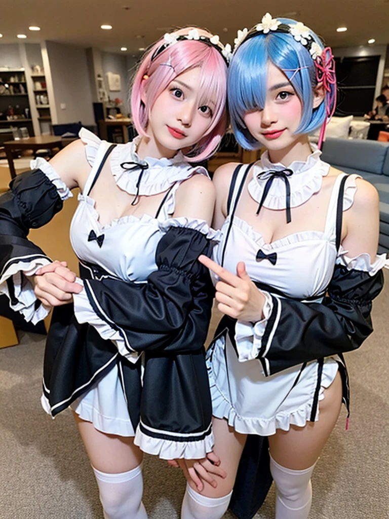 (8K, Photorealistic, Raw photo, of the highest quality: 1.3), (1girl in), Super beautiful, (Realistic face), (boyish, Silver Color berry Shorthair), beautiful , Glare that captivates the viewer, beautiful expression, beautiful breasts, (Realistic skin), be...Create a detailed and colorful image of Ram and Rem from Re:NULL, standing back-to-back in their blue swimsuits、Pink bikini swimsuit、へそ出しwith a magical fantasy background、14years old, two girls,cute, perfect face, beautiful, nice body, boots, double eyelids, tear bags, Detailed down to the fingers, photo-like description, indoors, dim indoor lighting, one girl is pink hair and short bob, another girl is light blue hair and short bob,standing, whole body, composition that shows the whole body, smiling,The Both of them are wearing the same type of 水着