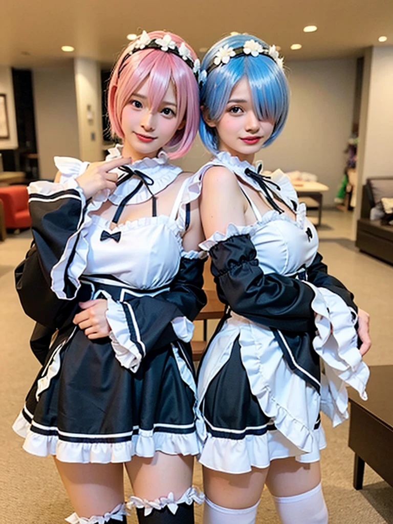 (8K, Photorealistic, Raw photo, of the highest quality: 1.3), (1girl in), Super beautiful, (Realistic face), (boyish, Silver Color berry Shorthair), beautiful , Glare that captivates the viewer, beautiful expression, beautiful breasts, (Realistic skin), be...Create a detailed and colorful image of Ram and Rem from Re:NULL, standing back-to-back in their blue swimsuits、Pink bikini swimsuit、へそ出しwith a magical fantasy background、14years old, two girls,cute, perfect face, beautiful, nice body, boots, double eyelids, tear bags, Detailed down to the fingers, photo-like description, indoors, dim indoor lighting, one girl is pink hair and short bob, another girl is light blue hair and short bob,standing, whole body, composition that shows the whole body, smiling,The Both of them are wearing the same type of 水着
