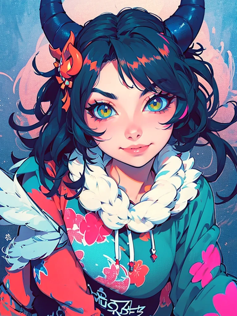 a girl with horns and a hoodie is staring at the camera, evil. vibrant colors. cute, demon anime girl, anime aesthetic, anime vibes, eerie art style, demon girl, digital art on pixiv, girl design lush horns, hyper colorful, guweiz on artstation pixiv, dreamy colorful cyberpunk colors, guweiz on pixiv artstation