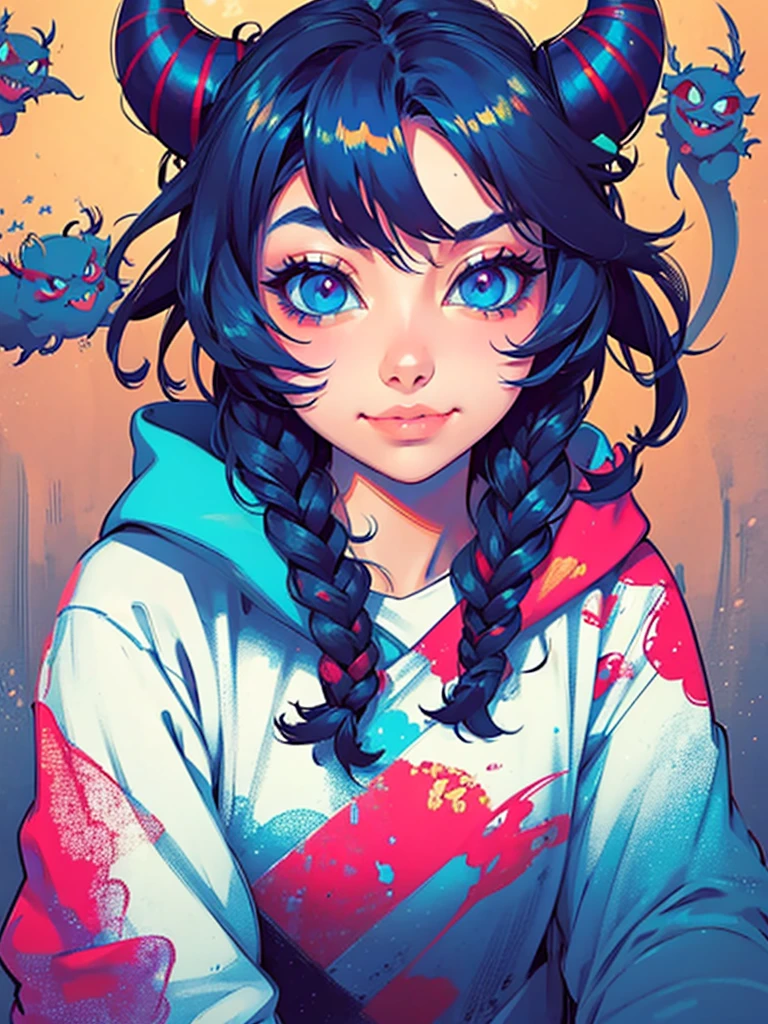 a girl with horns and a hoodie is staring at the camera, evil. vibrant colors. cute, demon anime girl, anime aesthetic, anime vibes, eerie art style, demon girl, digital art on pixiv, girl design lush horns, hyper colorful, guweiz on artstation pixiv, dreamy colorful cyberpunk colors, guweiz on pixiv artstation