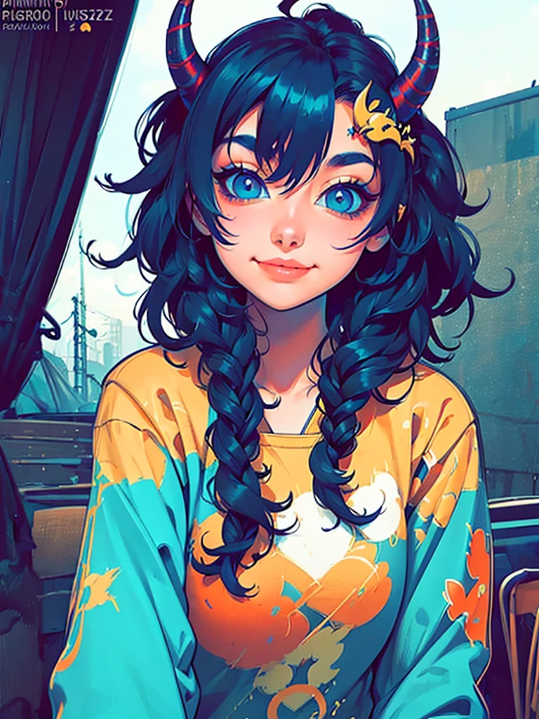 a girl with horns and a hoodie is staring at the camera, evil. vibrant colors. cute, demon anime girl, anime aesthetic, anime vibes, eerie art style, demon girl, digital art on pixiv, girl design lush horns, hyper colorful, guweiz on artstation pixiv, dreamy colorful cyberpunk colors, guweiz on pixiv artstation