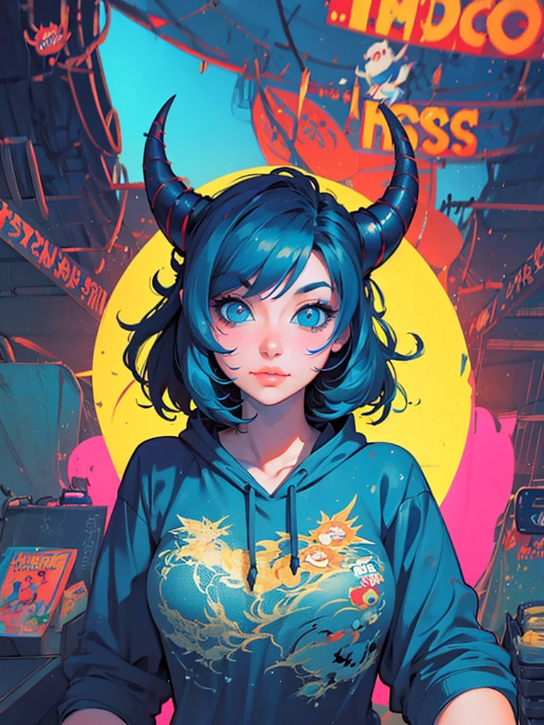 a girl with horns and a hoodie is staring at the camera, evil. vibrant colors. cute, demon anime girl, anime aesthetic, anime vibes, eerie art style, demon girl, digital art on pixiv, girl design lush horns, hyper colorful, guweiz on artstation pixiv, dreamy colorful cyberpunk colors, guweiz on pixiv artstation