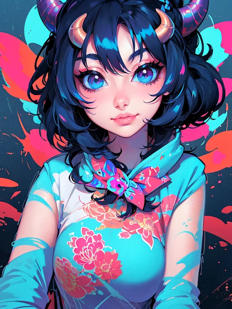 a girl with horns and a hoodie is staring at the camera, evil. vibrant colors. cute, demon anime girl, anime aesthetic, anime vibes, eerie art style, demon girl, digital art on pixiv, girl design lush horns, hyper colorful, guweiz on artstation pixiv, dreamy colorful cyberpunk colors, guweiz on pixiv artstation